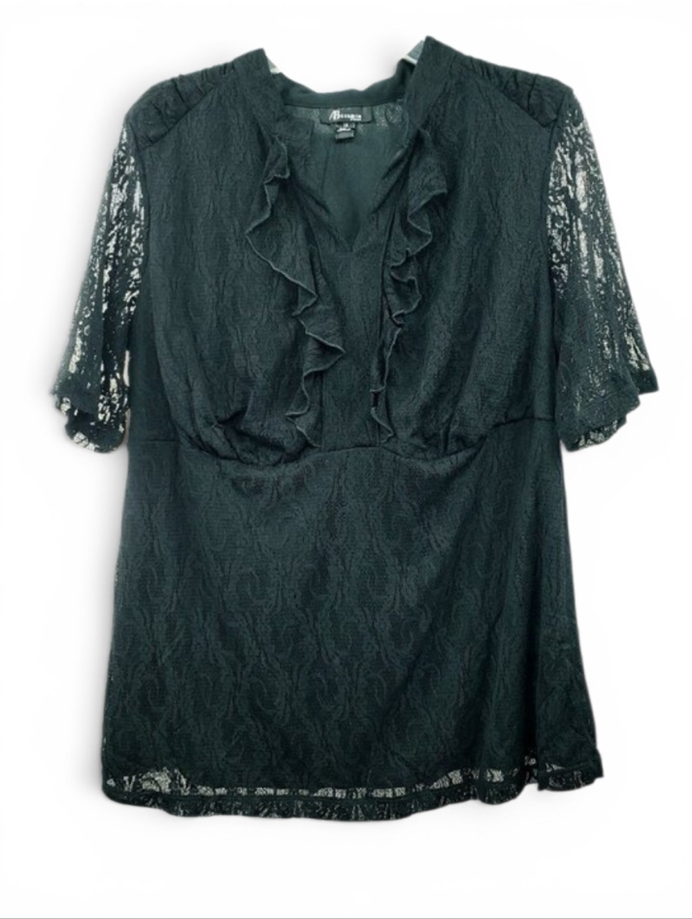 Vintage AB Studio Ruffle Lace Blouse Sz 1X Black Sheer Short Sleeves Whimsygoth
